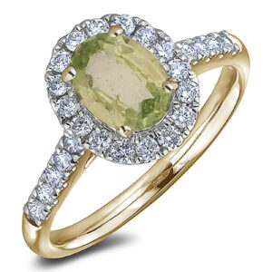 Green Sapphire and Canadian Diamond Halo Ring in 14K Yellow Gold