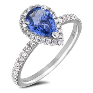 Pear Shape Sapphire and Diamonds Halo Ring in 14K White Gold