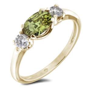 Madagascar Non Heated Green Sapphire and De Beers Forevermark Diamond Three Stone Ring in 18K Yellow Gold