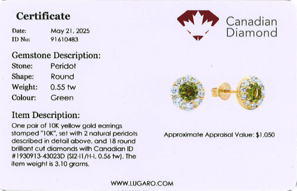 Round Peridot and Canadian Diamond Halo Stud Earrings in Yellow Gold