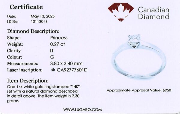 Princess Cut Canadian Diamond Solitaire Engagement Ring in 14K White Gold
