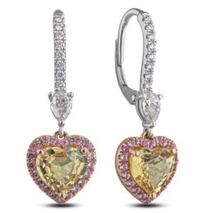 Non Heated Tanzanian Yellow Sapphire and De Beers Forevermark Diamond Dangle Earrings With Pink Sapphire Accents in 18K Gold