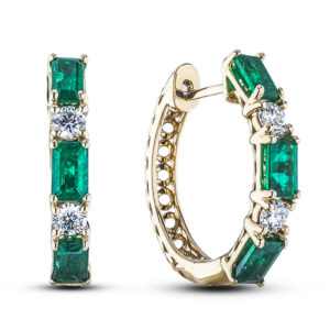 Emerald Cut Emeralds and Canadian Diamond Hoop Earrings In Yellow Gold