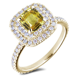 Unheated Ceylon Yellow Sapphire and Canadian Diamond Double Halo Ring in Yellow Gold