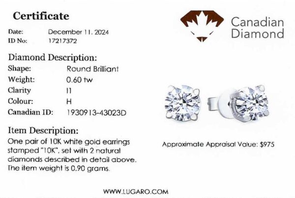 Canadian Diamond Solitaire Stud Earrings in White Gold | 0.60 Carat TW