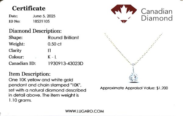Canadian Diamond Solitaire Pendant in White and Yellow Gold | 0.50 Carat - Image 3