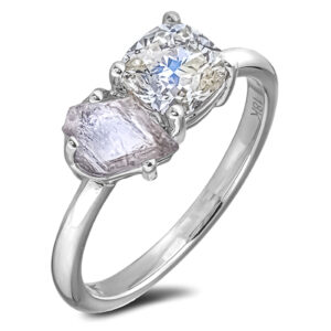 Cushion Brilliant Cut GIA Certified and Canadian Rough Diamond You & Me Ring in 18K Gold