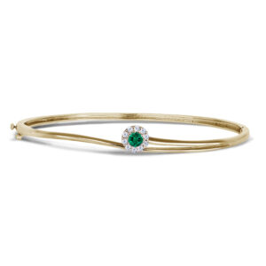 Emerald and Canadian Diamond Halo Bangle Bracelet in Yellow Gold