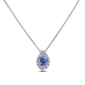 Sapphire and Canadian Diamond Halo Pear Shaped Pendant In White Gold