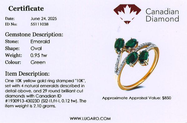 4 Stone Emerald Ring with Canadian Diamond Accents in Yellow Gold