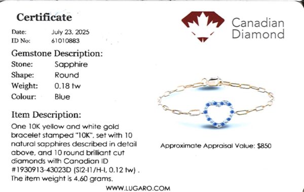 Open Heart Sapphire and Canadian Diamond Bracelet with Paperclip Chain in 10K White and Yellow Gold