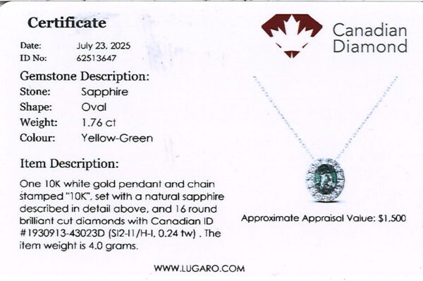 Yellow-Green Sapphire & Canadian Diamond Halo Pendant in White Gold
