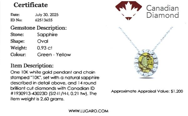 Green-Yellow Sapphire & Canadian Diamond Halo Pendant in White Gold