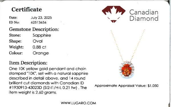 Orange Sapphire & Canadian Diamond Oval Halo Pendant in Yellow Gold