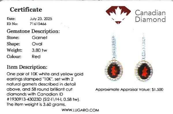 Oval Garnet and Canadian Diamond Hook Dangle Earrings in White and Yellow Gold