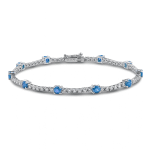 Round Sapphire and Canadian Diamond Tennis Bracelet in White Gold