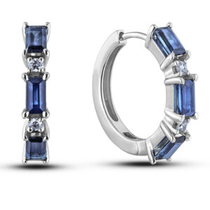 Emerald Cut Sapphire and Canadian Diamond Hoop Earrings in White Gold