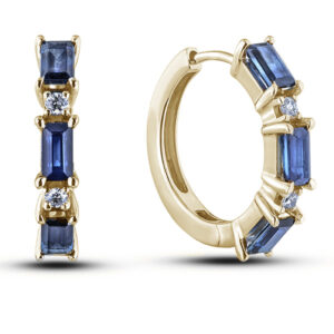 Emerald Cut Sapphire and Canadian Diamond Hoop Earrings in Yellow Gold