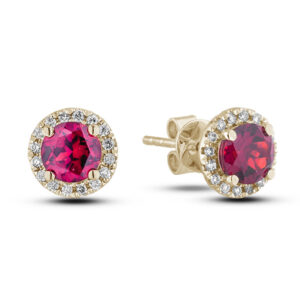 Ruby and Diamond Halo Earrings in 14K Yellow Gold