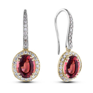 Oval Garnet and Canadian Diamond Hook Dangle Earrings in White and Yellow Gold