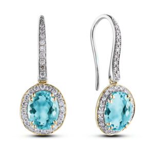 Oval Blue Topaz and Canadian Diamond Hook Dangle Earrings in White and Yellow Gold