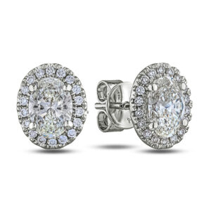 Oval Shape De Beers Forevermark Diamond Halo Stud Earrings in 18K White Gold