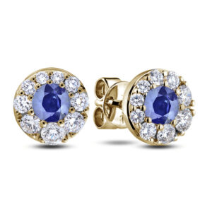 Round Sapphire and Diamond Halo Stud Earrings in Yellow Gold