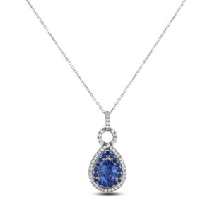 Pear Shaped Ceylon Sapphire and Diamond Halo Pendant In 14K White Gold