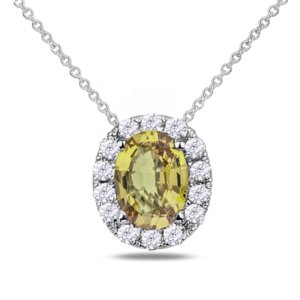 Green-Yellow Sapphire & Canadian Diamond Halo Pendant in White Gold