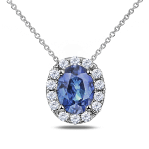 Oval Ceylon Sapphire & Canadian Diamond Oval Halo Pendant in White Gold