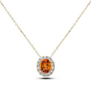 Orange Sapphire & Canadian Diamond Oval Halo Pendant in Yellow Gold
