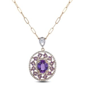Oval Amethyst And De Beers Forevermark Diamond Paperclip Chain Pendant in 18K Gold