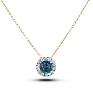 Non Heated Round Sapphire and Diamond Halo Pendant in 14K White and Yellow Gold