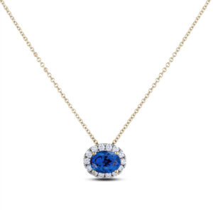 Oval Ceylon Sapphire and Diamond Halo Pendant in 14K Yellow Gold