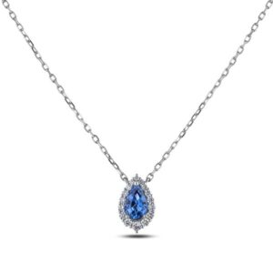 Pear Shape Ceylon Sapphire and Diamond Halo Pendant in 14K White Gold