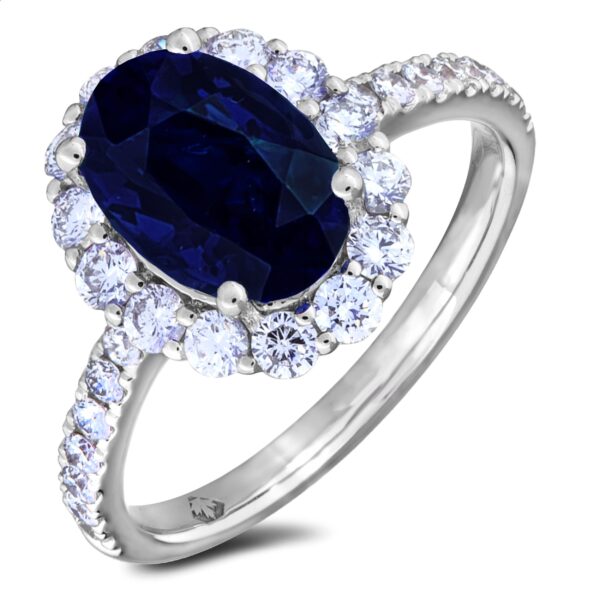 Oval Sapphire & Canadian Diamond Halo Ring in White Gold