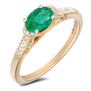Oval Cut Emerald and Canadian Diamond Ring in Yellow Gold | 0.75 Carat TW