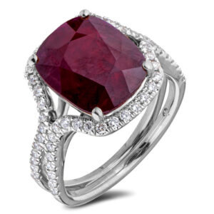 Ruby and Diamond Halo Cocktail Ring in 18K White Gold