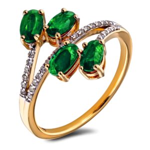 4 Stone Emerald Ring with Canadian Diamond Accents in Yellow Gold