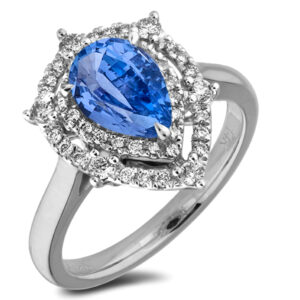 Pear Sapphire and Canadian Diamond Double Halo Ring in 14K White Gold