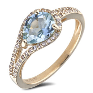 Aquamarine and Canadian Diamond Split Shank Halo Ring in Yellow Gold