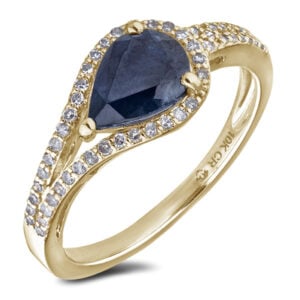 Blue Sapphire and Canadian Diamond Split Shank Halo Ring in Yellow Gold