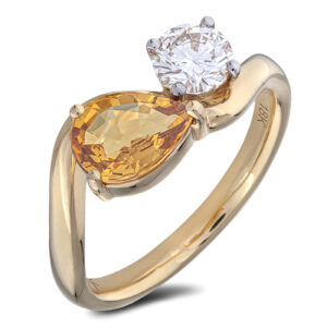 Orange-Honey Ceylon Sapphire and De Beers Forevermark Diamond You and Me Ring In 18K Yellow Gold