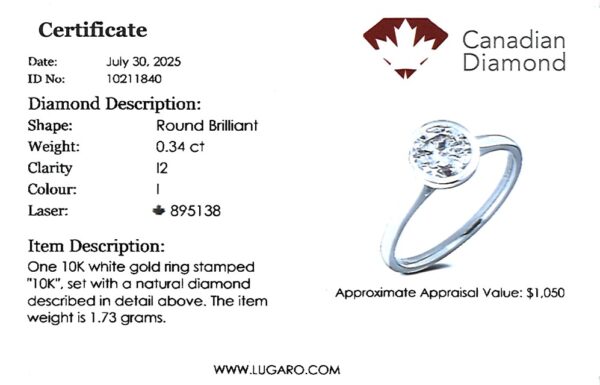 Bezel Set Canadian Diamond Solitaire Engagement Ring in White Gold | 0.34 Carat