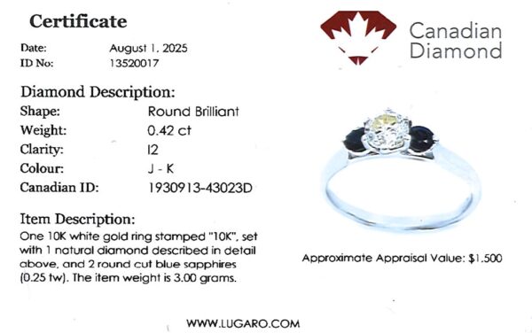 Canadian Diamond and Round Sapphire Trilogy Ring in White Gold
