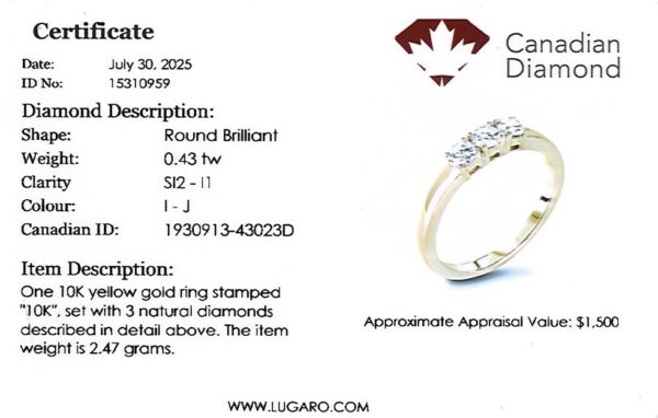 Three Stone Canadian Diamond Anniversary Ring In Yellow Gold