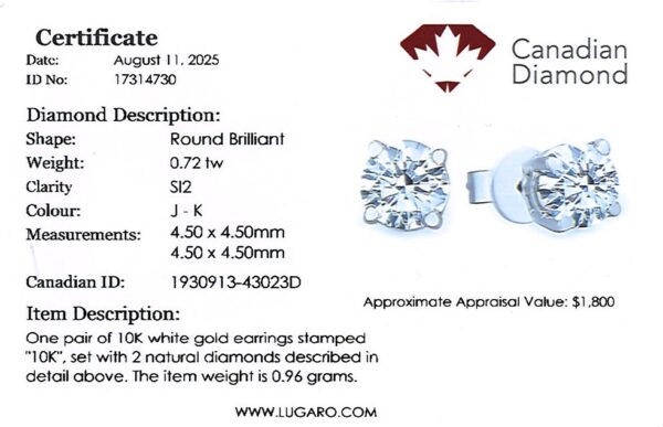 Canadian Diamond Solitaire Stud Earrings in White Gold | 0.72 Carat TW