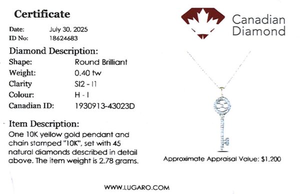 0.40 Carat TW Canadian Diamond Key Pendant in Yellow Gold