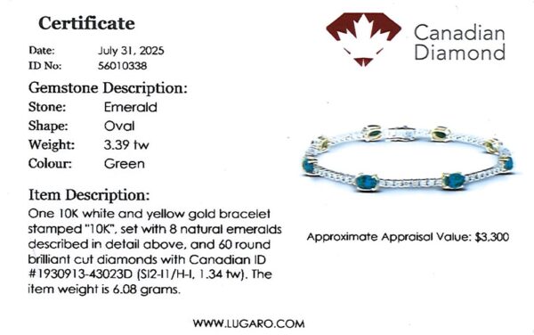 Oval Emerald and Canadian Diamond Tennis Bracelet in White and Yellow Gold