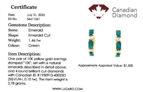 Emerald Cut Emerald and Canadian Diamond Hoop Earrings in Yellow Gold
